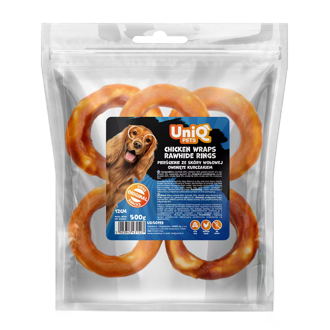 UniQ poslastice za pse, piletina obmotana oko prstenova sirove kože, pakovanje 500 g