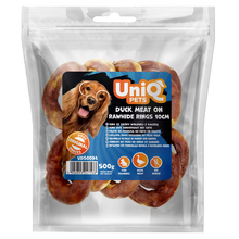 UniQ poslastice za pse, 500g, pačetina na prstenovima od sirove kože
