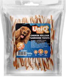 UniQ poslastice za pse, 500g, sendvič-uvijeni štapići od piletine i bakalara