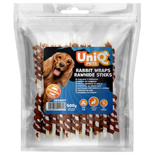 UniQ poslastice za pse, 500g, štapići od sirove kože obmotani zečetinom