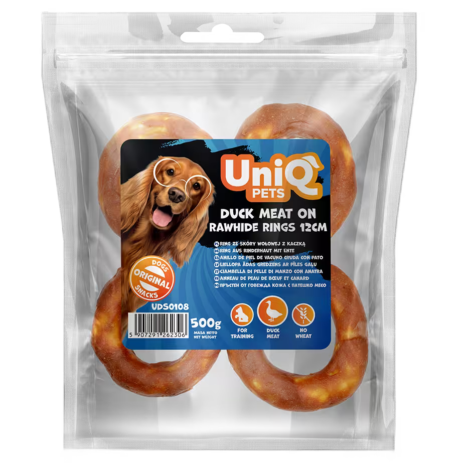 UniQ poslastice za pse, 500g, pačetina na prstenovima od sirove kože