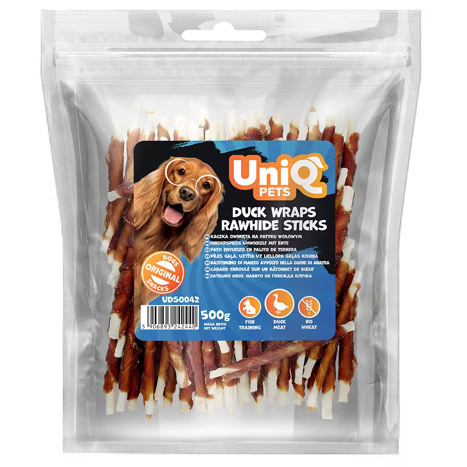 UniQ poslastice za pse, pačetina obmotana oko štapića od sirove kože