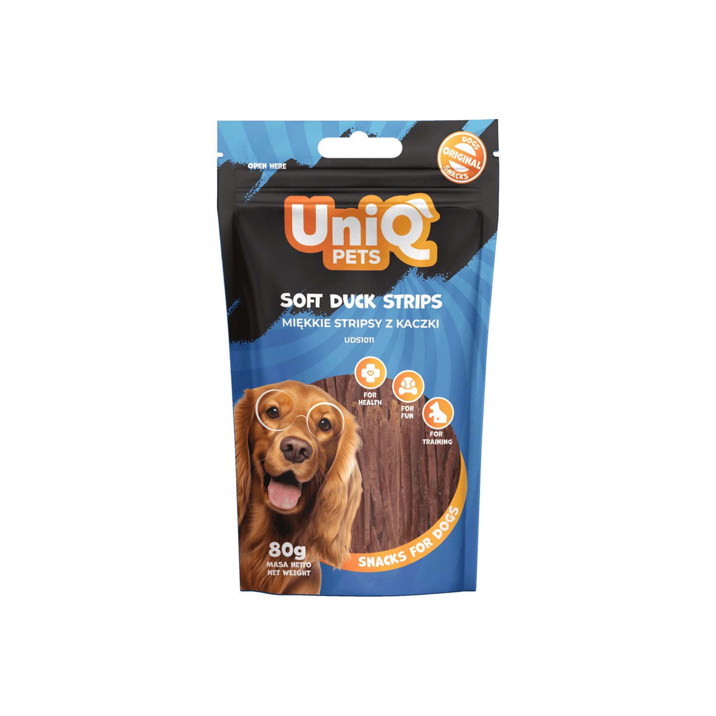 UniQ poslastice za pse, 80g, mekane trake od pačetine
