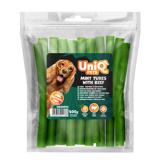 UniQ mint cevi od govedine za pse, pakovanje 500 g, dentalna poslastica za svež dah