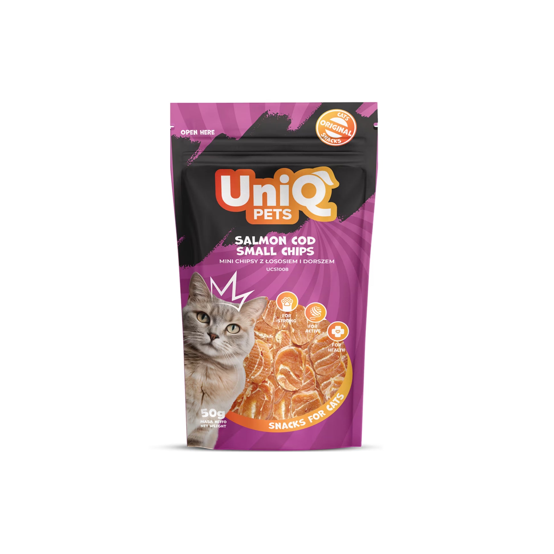 UniQ čips od lososa i bakalara za mačke, 50 g, omega kiseline za sjajnu dlaku