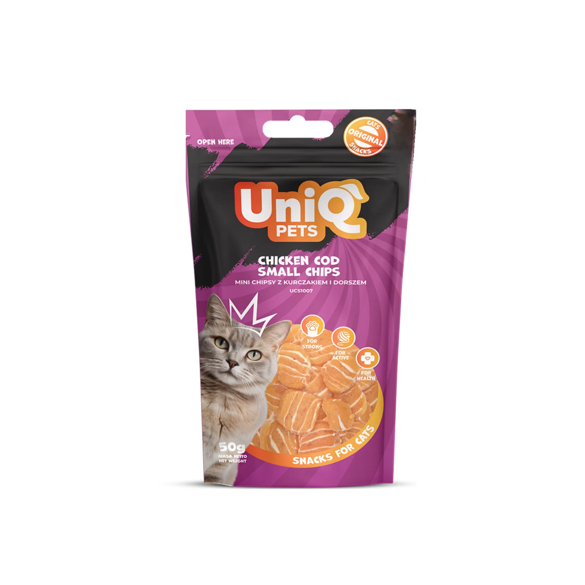 UniQ čips od piletine i bakalara za mačke, 50 g, hrskava dentalna poslastica