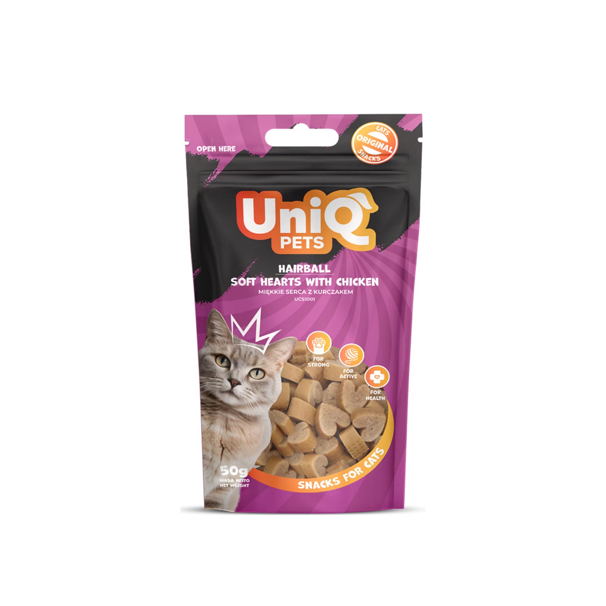 UniQ mekana srca od piletine za mačke, 50 g, kontrola dlakavih kuglica