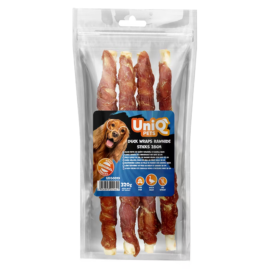 UniQ poslastice za pse, pačetina obmotana oko štapića sirove kože 28 cm, pakovanje 320 g