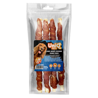 UniQ poslastice za pse, pačetina obmotana oko štapića sirove kože 28 cm, pakovanje 320 g