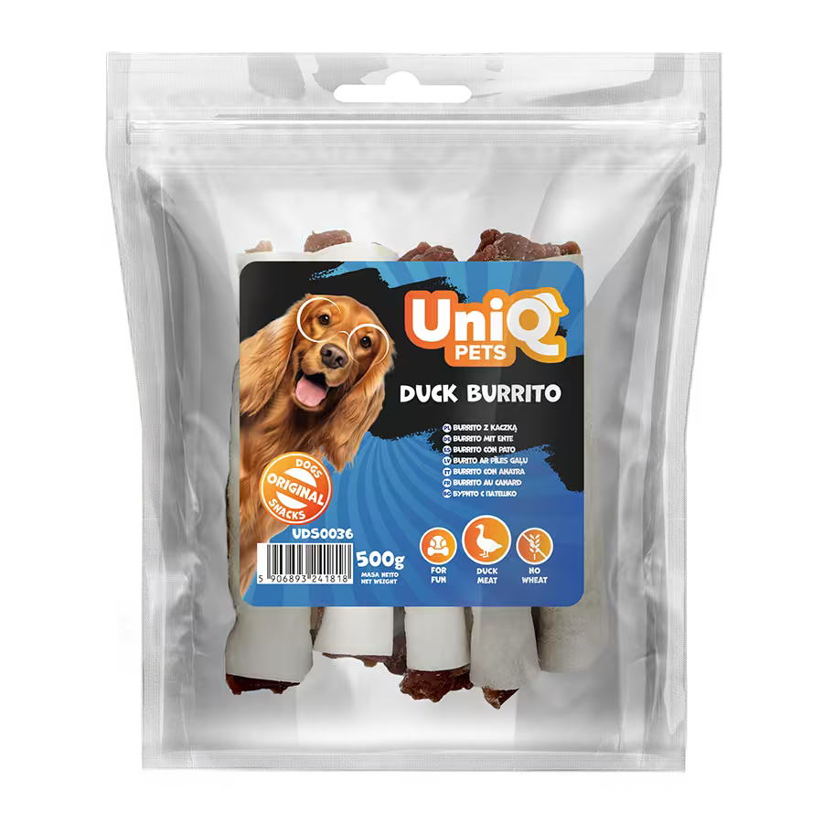 UniQ poslastice za pse, burito od pačetine, pakovanje 500 g, hipoalergena žvakalica
