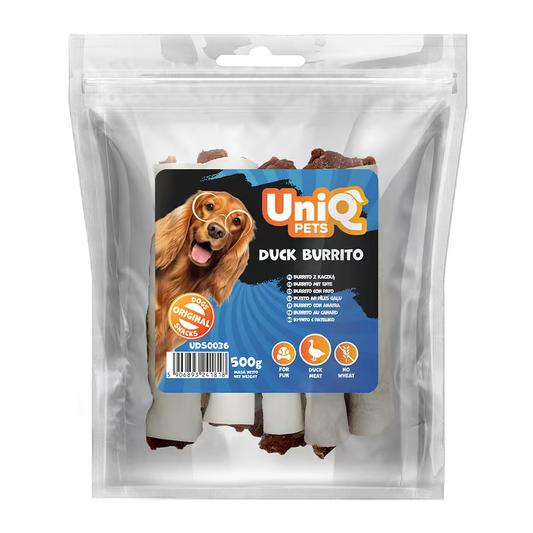 UniQ poslastice za pse, burito od pačetine, pakovanje 500 g, hipoalergena žvakalica