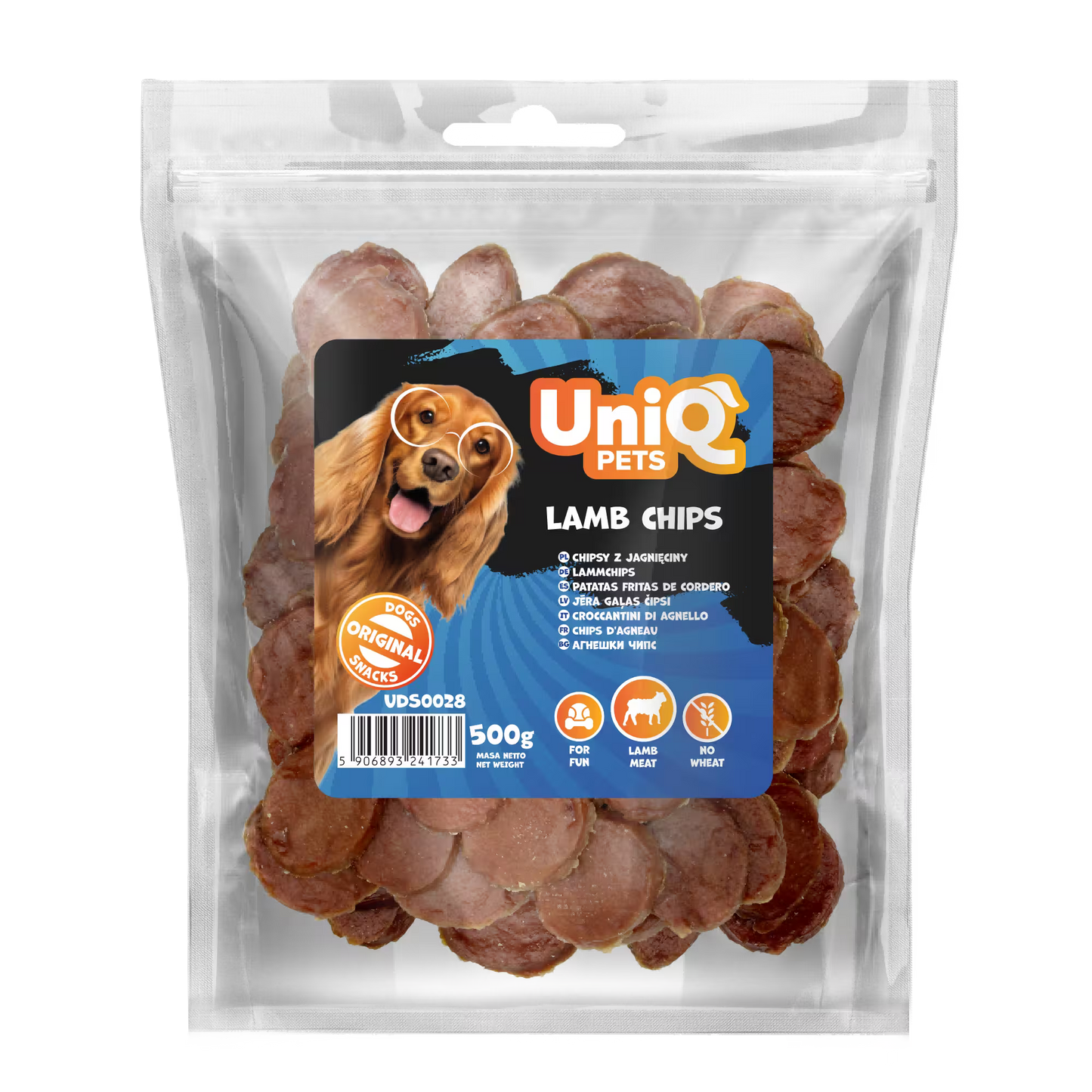 UniQ poslastice za pse, čips od jagnjetine sa 90% mesa, pakovanje 500 g, hrskava poslastica za trening