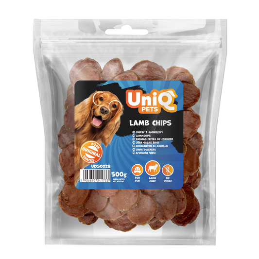UniQ poslastice za pse, čips od jagnjetine sa 90% mesa, pakovanje 500 g, hrskava poslastica za trening