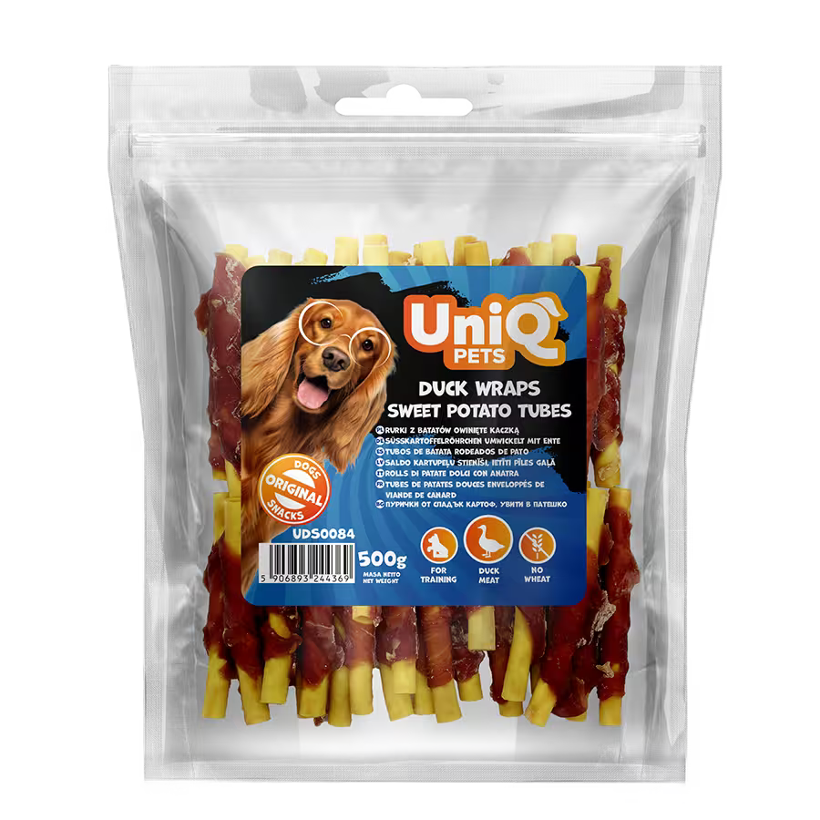 UniQ poslastice za pse, rolnice od pačetine sa batatom u obliku cevi, pakovanje 500 g