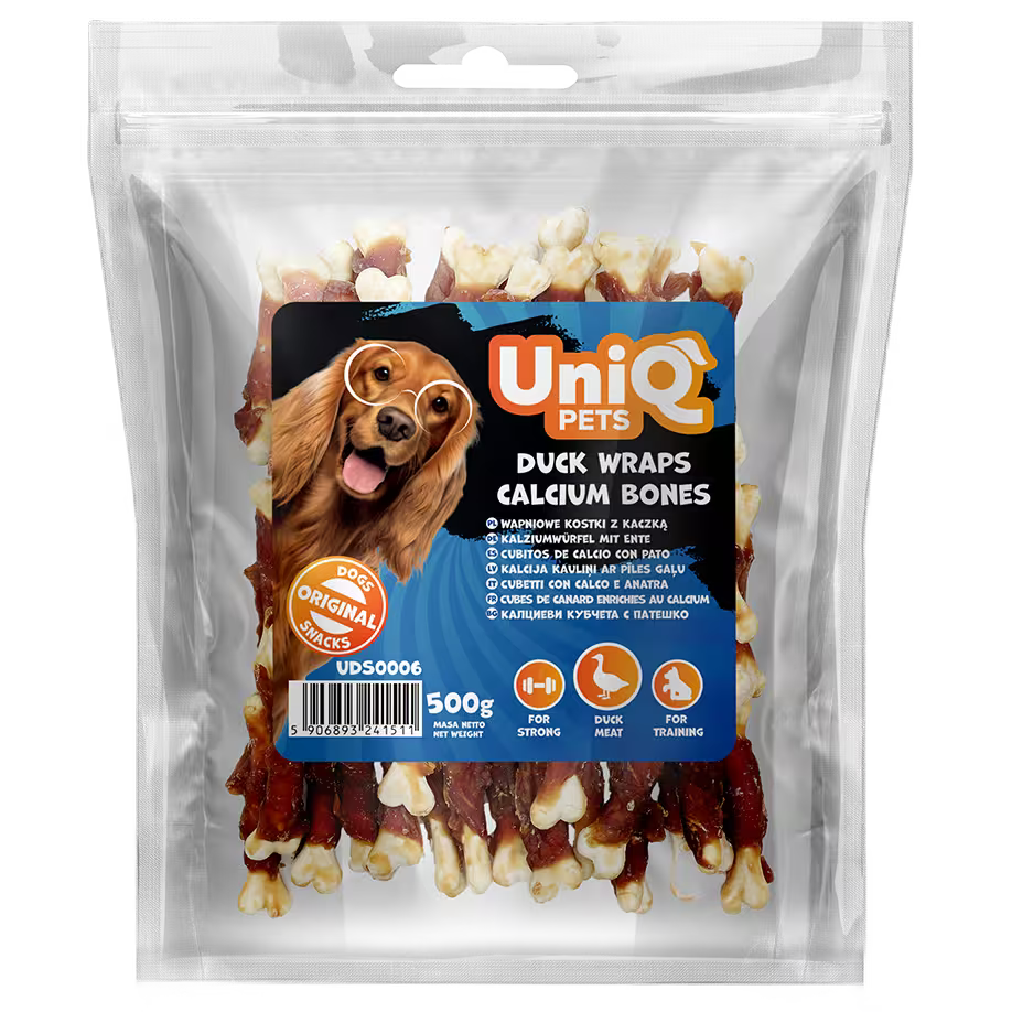UniQ poslastice za pse, rolnice od pačetine sa kalcijumovim kostima, pakovanje 500 g