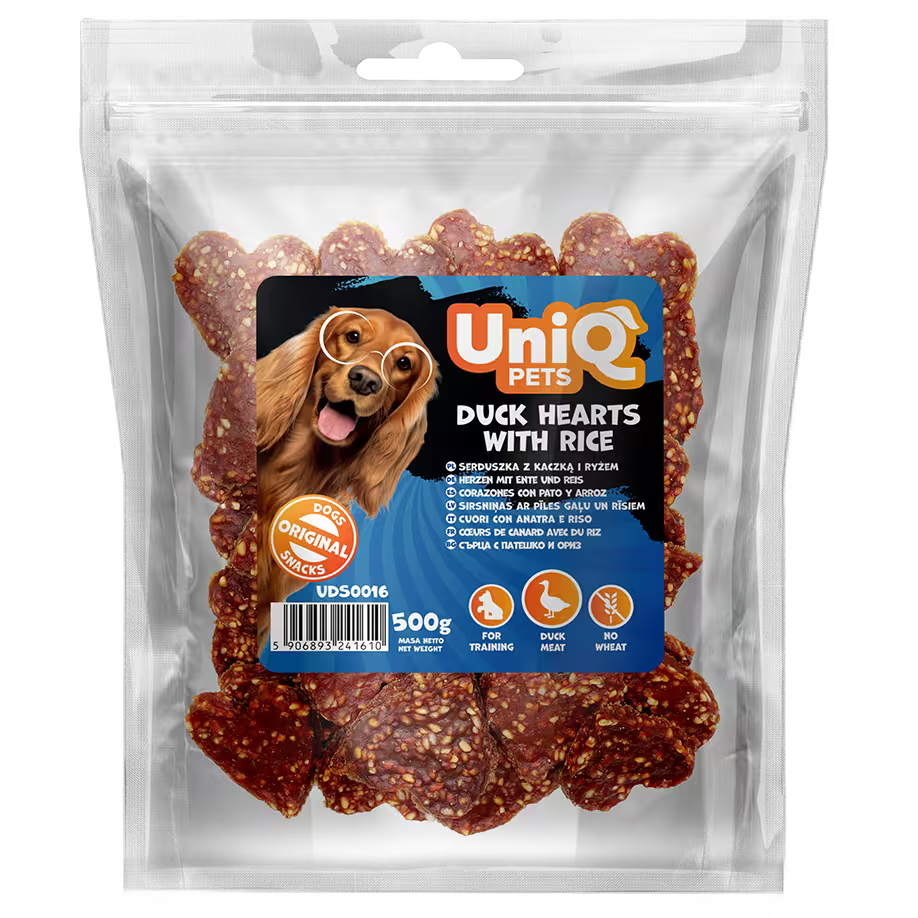 UniQ poslastice za pse, srca od pačetine sa pirinčem, pakovanje 500 g, mekana poslastica za trening