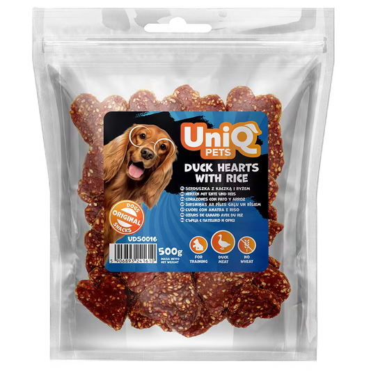 UniQ poslastice za pse, srca od pačetine sa pirinčem, pakovanje 500 g, mekana poslastica za trening