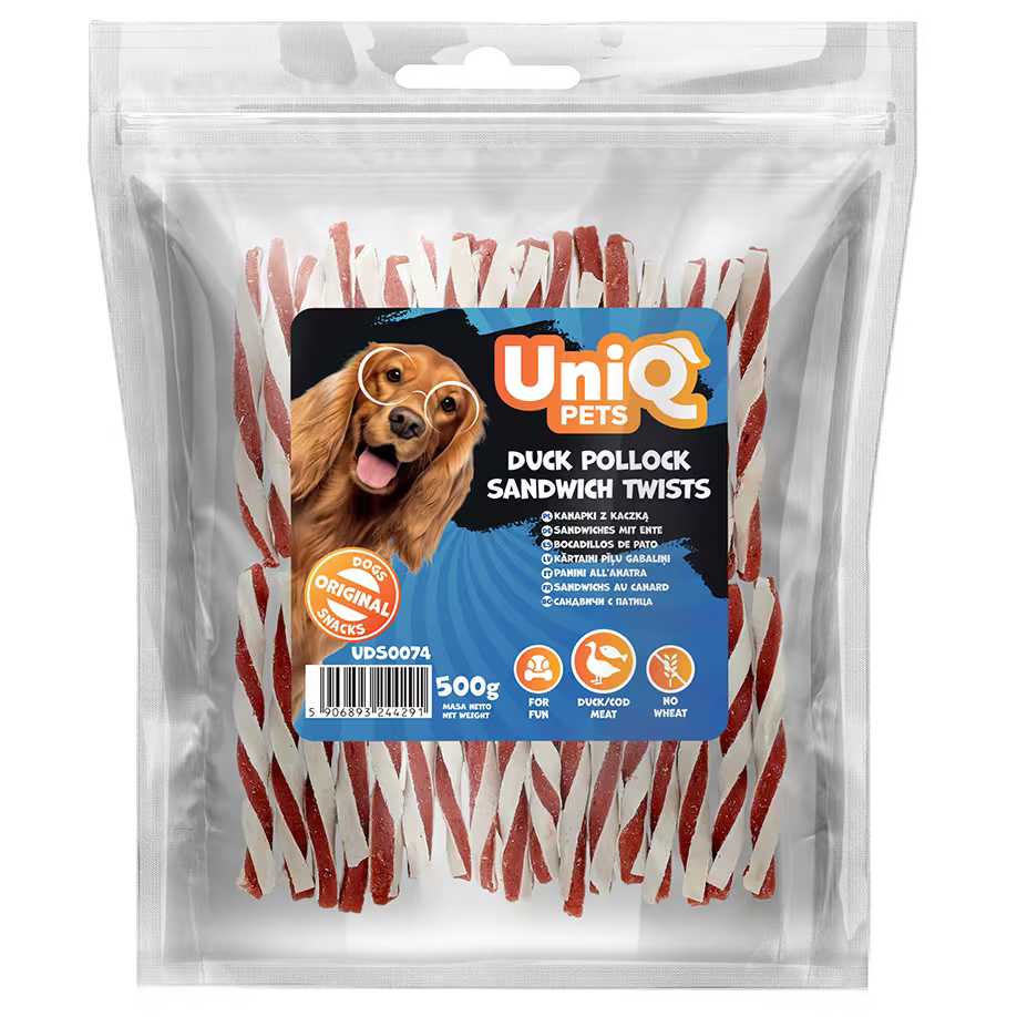 UniQ poslastice za pse, uvijeni štapići od pačetine i bakalara, pakovanje 500 g, bogato omega-3 kiselinama