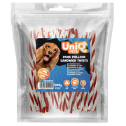 UniQ poslastice za psa, 500 g, uvijeni štapići od pačetine i bakalara