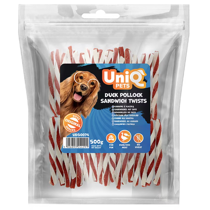 UniQ poslastice za pse, uvijeni štapići od pačetine i bakalara, pakovanje 500 g, bogato omega-3 kiselinama