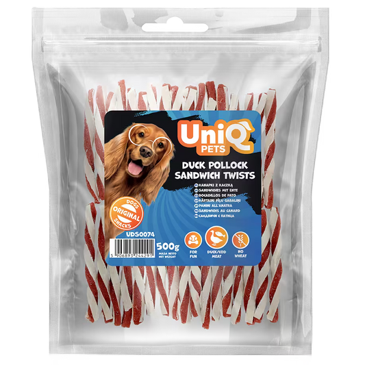 UniQ poslastice za pse, uvijeni štapići od pačetine i bakalara, pakovanje 500 g, bogato omega-3 kiselinama