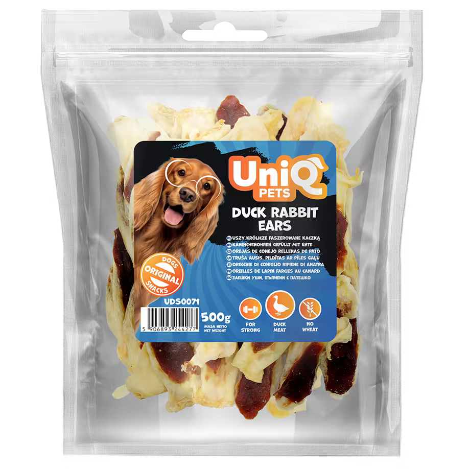 UniQ poslastice za pse, zečje uši sa pačetinom, pakovanje 500 g, niskomasna dentalna poslastica