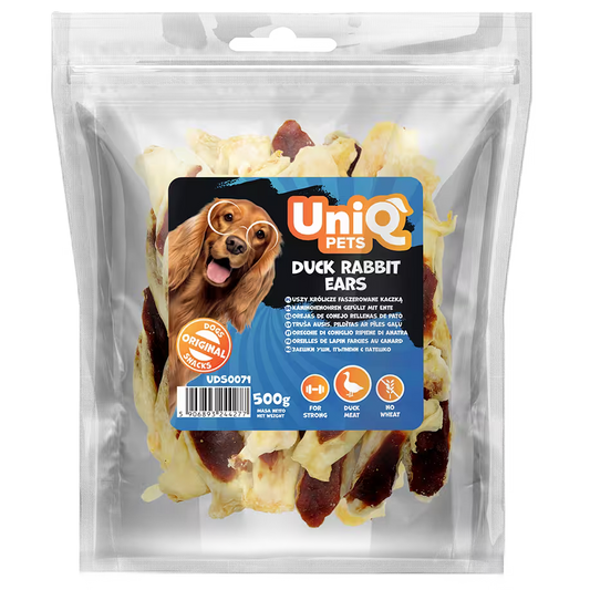 UniQ poslastice za pse, zečje uši sa pačetinom, pakovanje 500 g, niskomasna dentalna poslastica