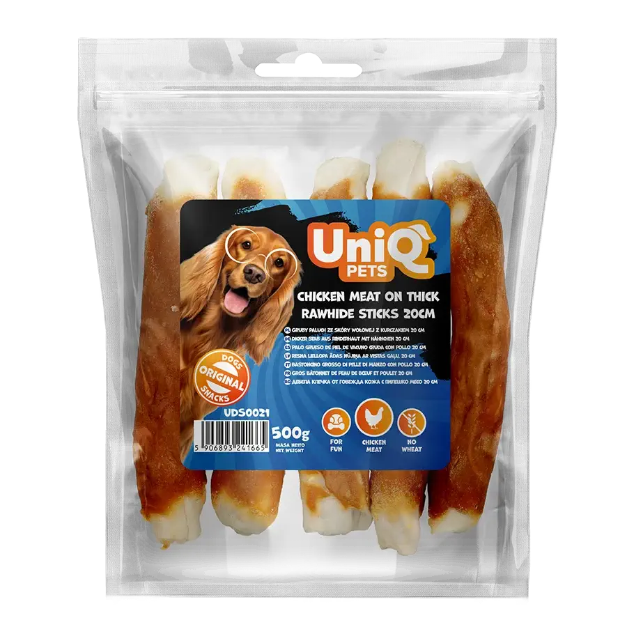 UniQ poslastice za pse, piletina obmotana oko debelih štapića sirove kože 20 cm, pakovanje 500 g