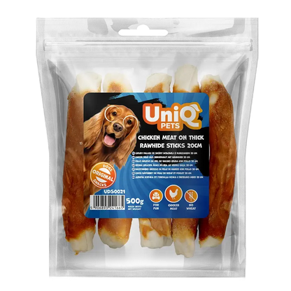UniQ poslastice za pse, piletina obmotana oko debelih štapića sirove kože 20 cm, pakovanje 500 g