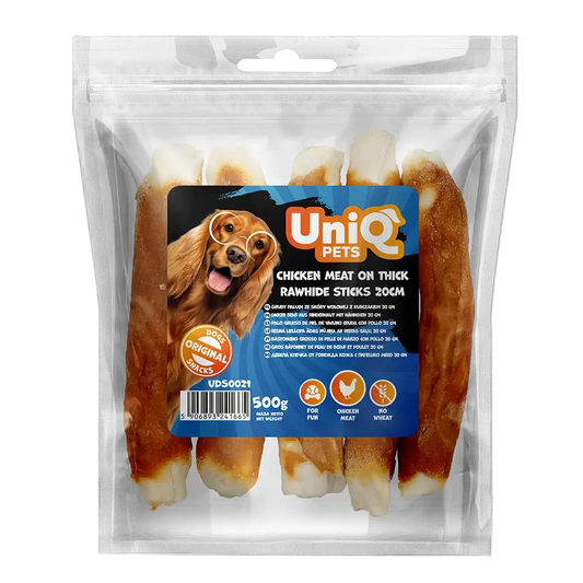 UniQ poslastice za pse, piletina obmotana oko debelih štapića sirove kože 20 cm, pakovanje 500 g