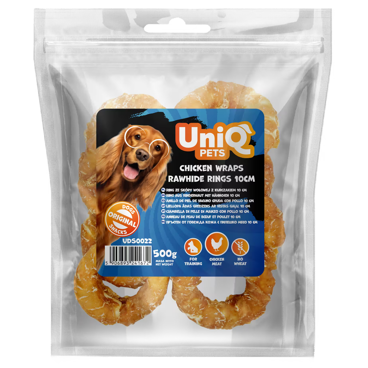 UniQ poslastice za pse, piletina obmotana oko prstenova sirove kože, pakovanje 500 g
