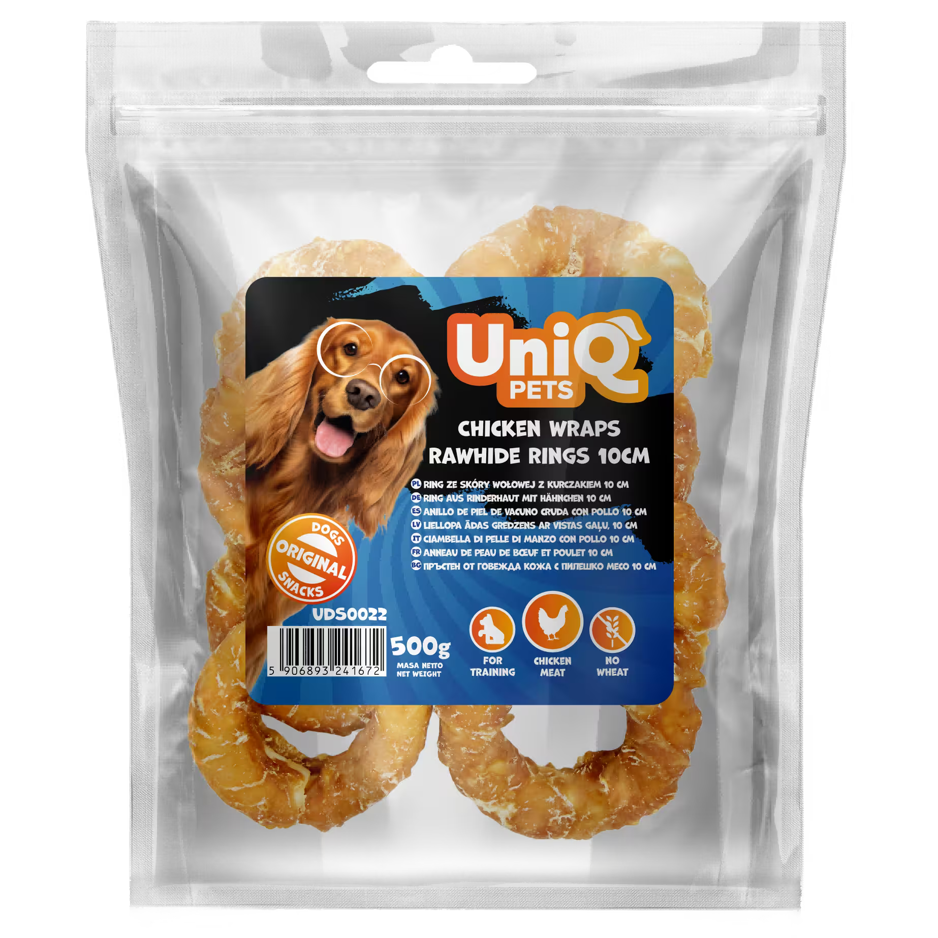 UniQ poslastice za pse, piletina obmotana oko prstenova sirove kože, pakovanje 500 g