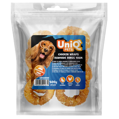 UniQ poslastice za pse, piletina obmotana oko prstenova sirove kože, pakovanje 500 g