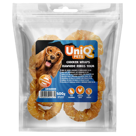 UniQ poslastice za pse, piletina obmotana oko prstenova sirove kože, pakovanje 500 g