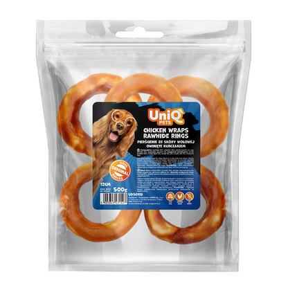 UniQ poslastice za pse, piletina obmotana oko prstenova sirove kože, pakovanje 500 g