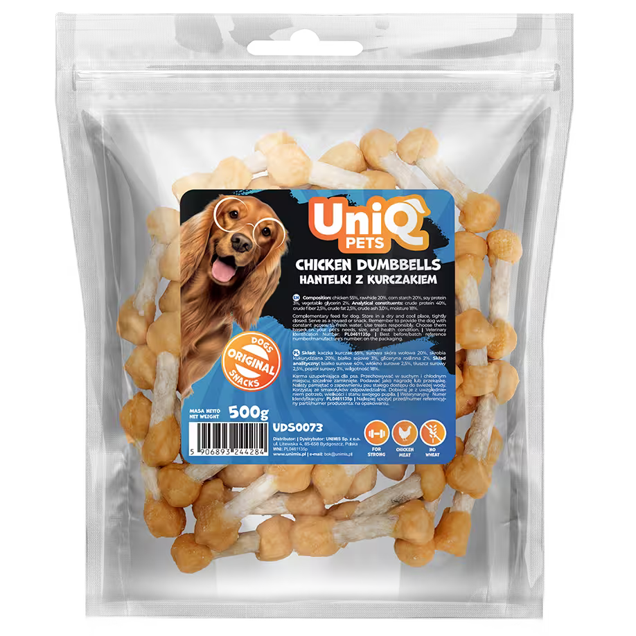 UniQ poslastice za pse, tegići od piletine, pakovanje 500 g, dentalna poslastica u obliku bučice