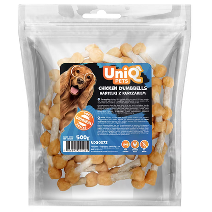 UniQ poslastice za pse, tegići od piletine, pakovanje 500 g, dentalna poslastica u obliku bučice