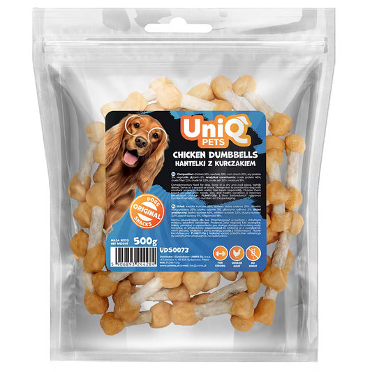 UniQ poslastice za pse, tegići od piletine, pakovanje 500 g, dentalna poslastica u obliku bučice