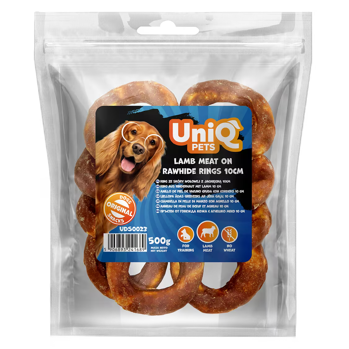 UniQ poslastice za pse, jagnjetina na kolutovima od sirove kože 10 cm, pakovanje 500 g