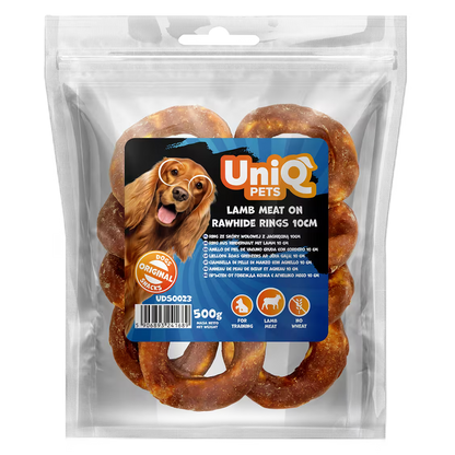 UniQ poslastice za pse, jagnjetina na kolutovima od sirove kože 10 cm, pakovanje 500 g