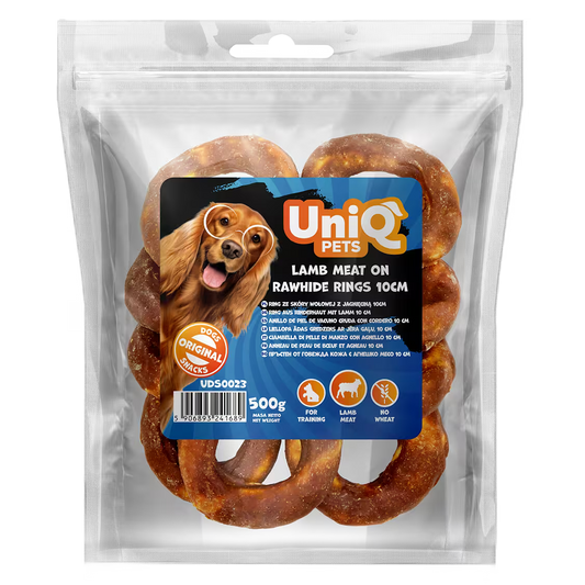 UniQ poslastice za pse, jagnjetina na kolutovima od sirove kože 10 cm, pakovanje 500 g
