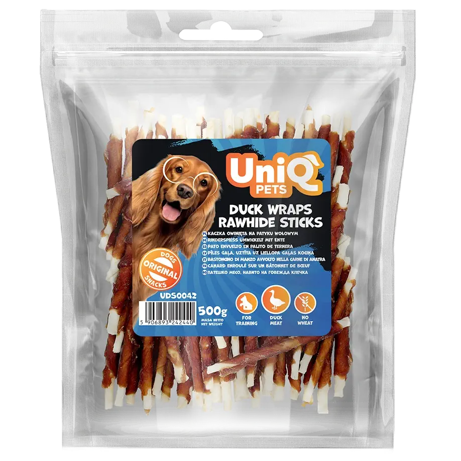 UniQ poslastice za pse, pačetina obmotana oko štapića od sirove kože, pakovanje 500 g, hipoalergeno