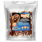 UniQ poslastice za pse, 500 g, pačetina obmotana oko štapića od sirove kože