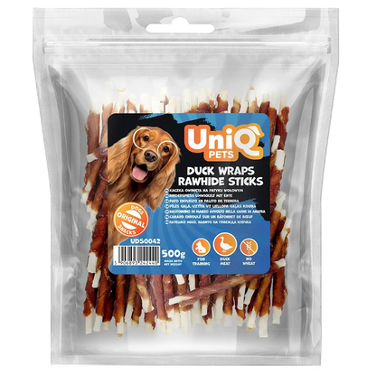 UniQ poslastice za pse, pačetina obmotana oko štapića od sirove kože, pakovanje 500 g, hipoalergeno