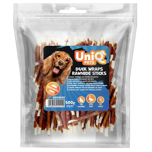 UniQ poslastice za pse, pačetina obmotana oko štapića od sirove kože, pakovanje 500 g, hipoalergeno