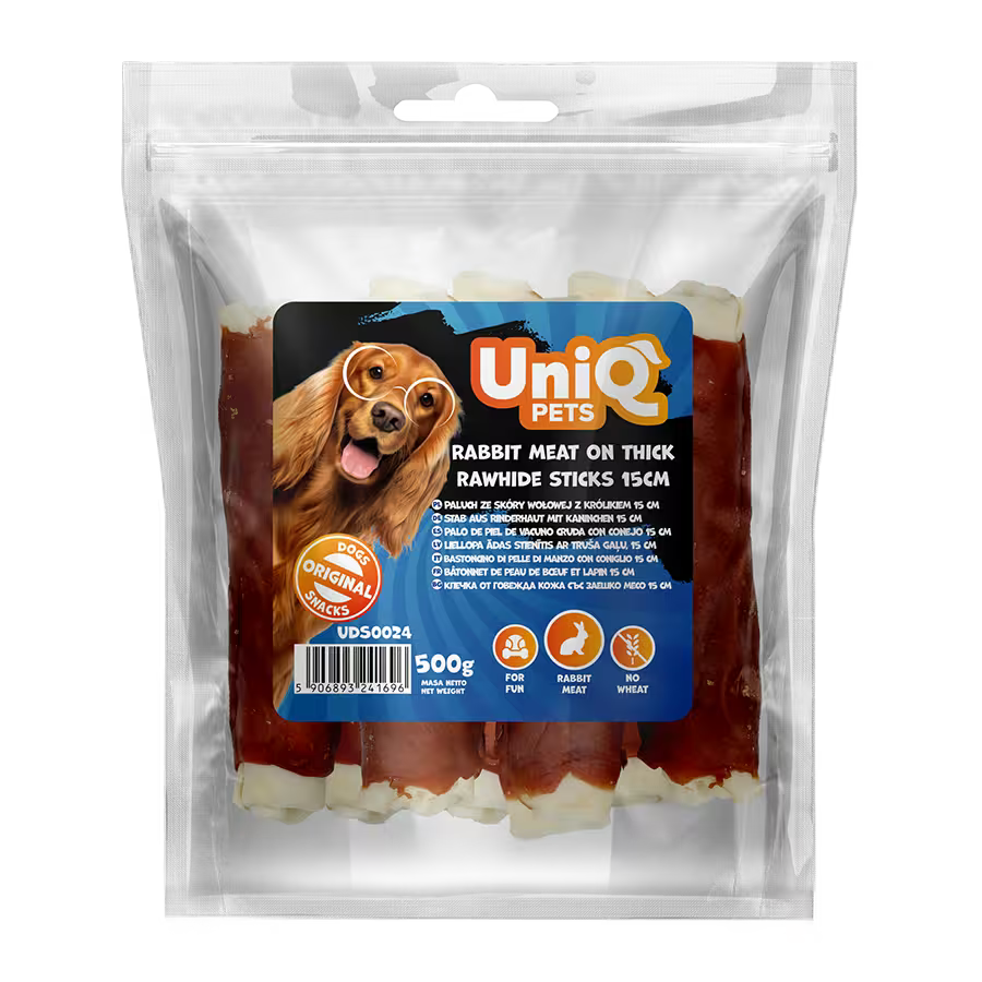 UniQ debeli štapići od sirove kože sa zečetinom 15 cm, pakovanje 500 g, hipoalergena žvakalica