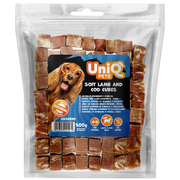 UniQ poslastice za pse, 500g, kockice od jagnjetine i bakalara
