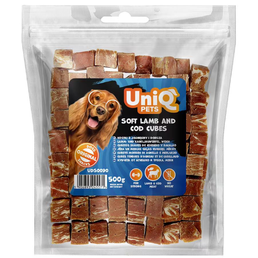 UniQ mekane kockice od jagnjetine i bakalara za pse, pakovanje 500 g, za kožu i dlaku