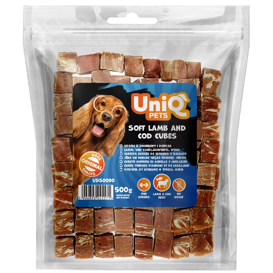 UniQ mekane kockice od jagnjetine i bakalara za pse, pakovanje 500 g, za kožu i dlaku
