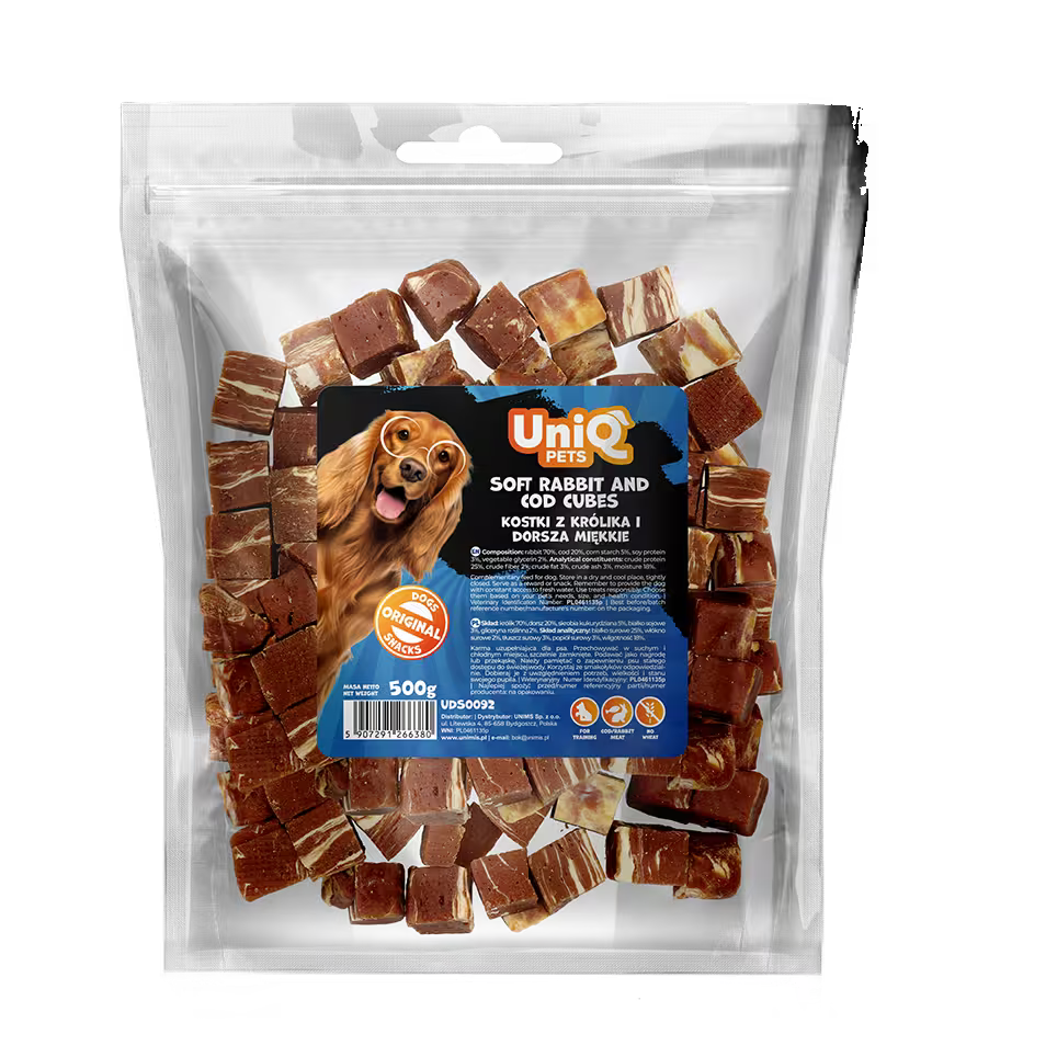 UniQ mekane kockice od zečetine i bakalara, pakovanje 500 g, hipoalergena poslastica